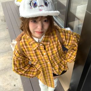 Spring Women's American Style Checkered Shirt Jacket, Loose Lapel Top in College Style, Casual Dopamine Print