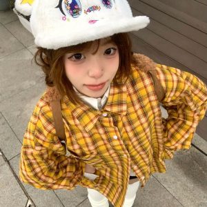 Spring Women's American Style Checkered Shirt Jacket, Loose Lapel Top in College Style, Casual Dopamine Print