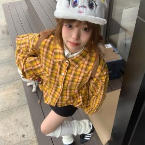 Spring Women's American Style Checkered Shirt Jacket, Loose Lapel Top in College Style, Casual Dopamine Print