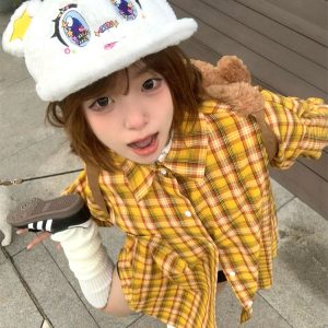 Spring Women's American Style Checkered Shirt Jacket, Loose Lapel Top in College Style, Casual Dopamine Print