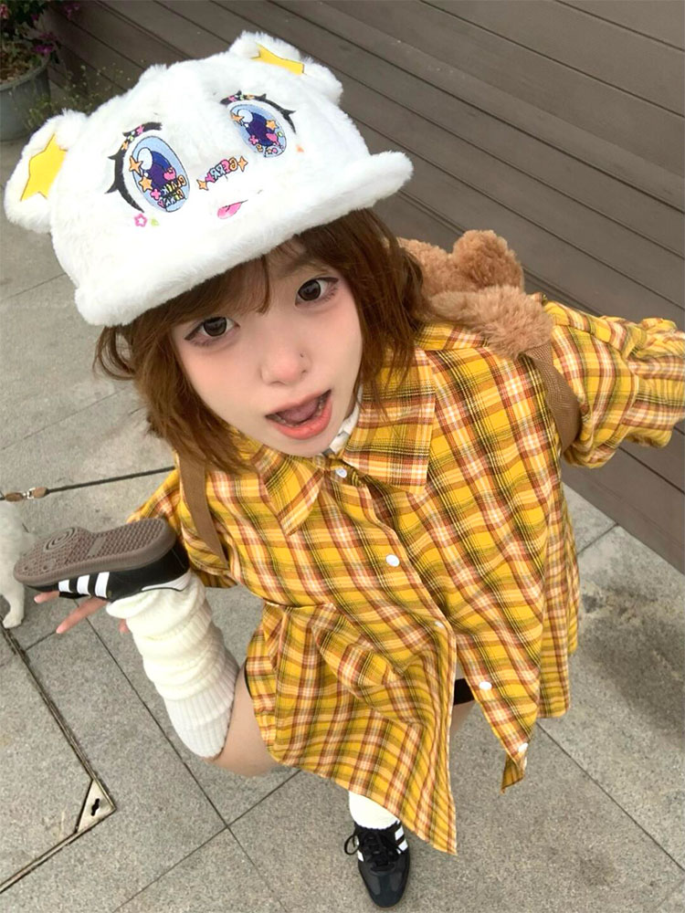 Spring Women's American Style Checkered Shirt Jacket, Loose Lapel Top in College Style, Casual Dopamine Print Spring Women's American Style Checkered Shirt Jacket, Loose Lapel Top in College Style, Casual Dopamine Print