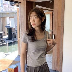 Square Neck Fitted Short Sleeve T-Shirt for Women - Solid Color Slim Fit Summer 2025 Top, Flattering Shoulder Style