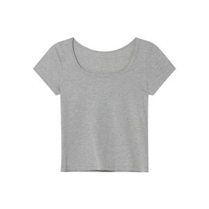 Square Neck Fitted Short Sleeve T-Shirt for Women - Solid Color Slim Fit Summer 2025 Top, Flattering Shoulder Style