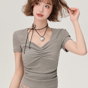 Square Neck Short Sleeve T-Shirt for Women - Summer Slim Fit Ruched Top, Flattering and Versatile Style for Everyday Wear