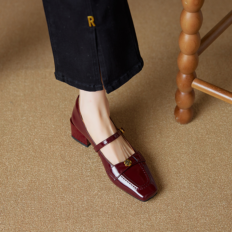 Square Toe Camellia Mary Jane Shoes for Women - 2025 New Style One-Strap Chunky High Heels in Genuine Leather