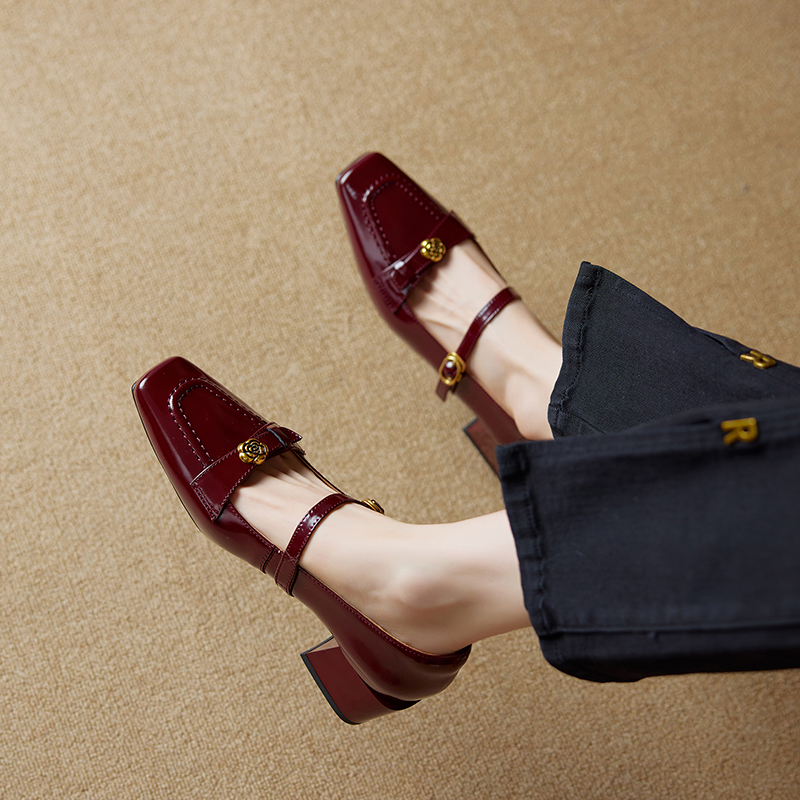 Square Toe Camellia Mary Jane Shoes for Women - 2025 New Style One-Strap Chunky High Heels in Genuine Leather