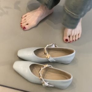 Square-Toed Height-Increasing Sheepskin Mary Jane Shoes with Metal Buckle - French Style Flats for Commuting