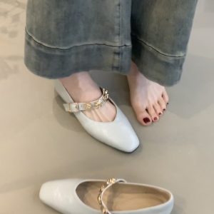 Square-Toed Height-Increasing Sheepskin Mary Jane Shoes with Metal Buckle - French Style Flats for Commuting