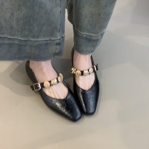 Square-Toed Height-Increasing Sheepskin Mary Jane Shoes with Metal Buckle - French Style Flats for Commuting