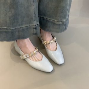 Square-Toed Height-Increasing Sheepskin Mary Jane Shoes with Metal Buckle - French Style Flats for Commuting