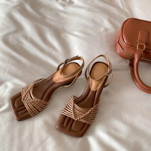 Square-Toed High-Heeled Sheepskin Sandals for Women - Hollow-Out Thin Strap, Woven One-Strap Genuine Leather Summer Fashion Sandals