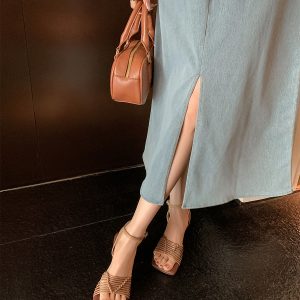 Square-Toed High-Heeled Sheepskin Sandals for Women - Hollow-Out Thin Strap, Woven One-Strap Genuine Leather Summer Fashion Sandals