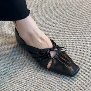 Square-Toed Pleated Hollow Mary Jane Shoes with Bow - French Style Low-Heeled Loafers, Sheepskin Small Leather Shoes