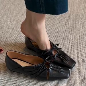 Square-Toed Pleated Hollow Mary Jane Shoes with Bow - French Style Low-Heeled Loafers, Sheepskin Small Leather Shoes