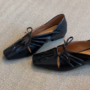 Square-Toed Pleated Hollow Mary Jane Shoes with Bow - French Style Low-Heeled Loafers, Sheepskin Small Leather Shoes