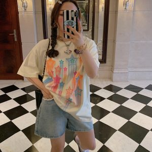 Star Print Short Sleeve T-Shirt for Women, Plus Size Round Neck Summer Top, Trendy Niche Design, Perfect for Dopamine Dressing