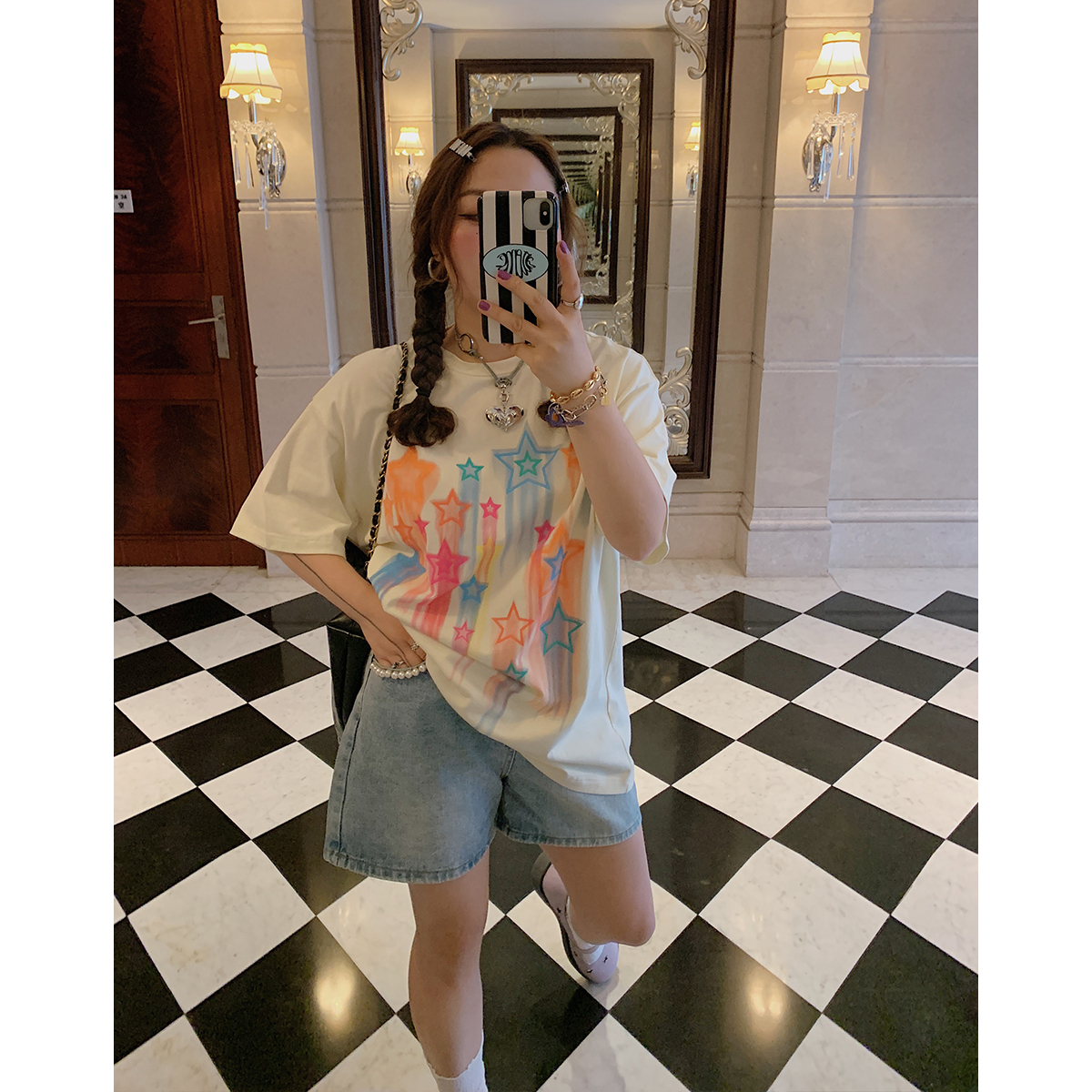 Star Print Short Sleeve T-Shirt for Women, Plus Size Round Neck Summer Top, Trendy Niche Design, Perfect for Dopamine Dressing