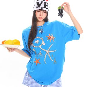 Starfish Shell Basic Loose Couple Pullover T-Shirt - Casual Short Sleeve Top for Y2K and 90s Style Fashion