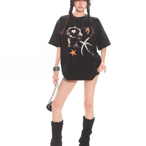 Starfish Shell Basic Loose Couple Pullover T-Shirt - Casual Short Sleeve Top for Y2K and 90s Style Fashion