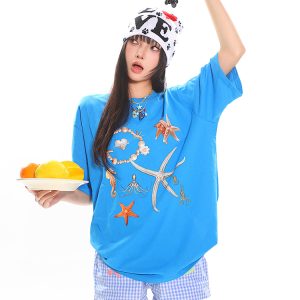Starfish Shell Basic Loose Couple Pullover T-Shirt - Casual Short Sleeve Top for Y2K and 90s Style Fashion
