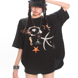 Starfish Shell Basic Loose Couple Pullover T-Shirt - Casual Short Sleeve Top for Y2K and 90s Style Fashion