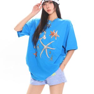 Starfish Shell Basic Loose Couple Pullover T-Shirt - Casual Short Sleeve Top for Y2K and 90s Style Fashion