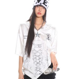 Strap Printed Sweet and Spicy Punk Satin Short Sleeve T-Shirt for Women - Summer Sports Top, Y2K Style Fashion Tee