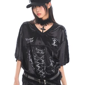 Strap Printed Sweet and Spicy Punk Satin Short Sleeve T-Shirt for Women - Summer Sports Top, Y2K Style Fashion Tee