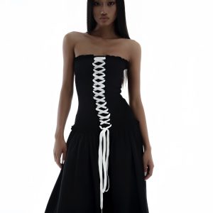 Strapless Black Dress with Chest Strap - High-End Feel, Perfect for Outings, Instagram-Worthy Vietnamese Hot Girl Style