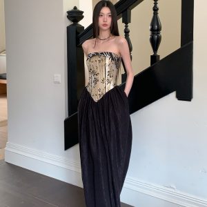 Strapless Chinese Style Jacquard Dress with Bamboo Pattern, Color Block Splicing Vase Skirt, Spring Summer 2025 Fashion for Women