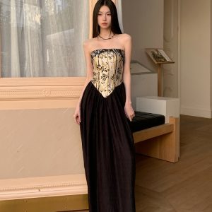 Strapless Chinese Style Jacquard Dress with Bamboo Pattern, Color Block Splicing Vase Skirt, Spring Summer 2025 Fashion for Women