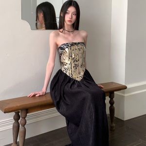 Strapless Chinese Style Jacquard Dress with Bamboo Pattern, Color Block Splicing Vase Skirt, Spring Summer 2025 Fashion for Women