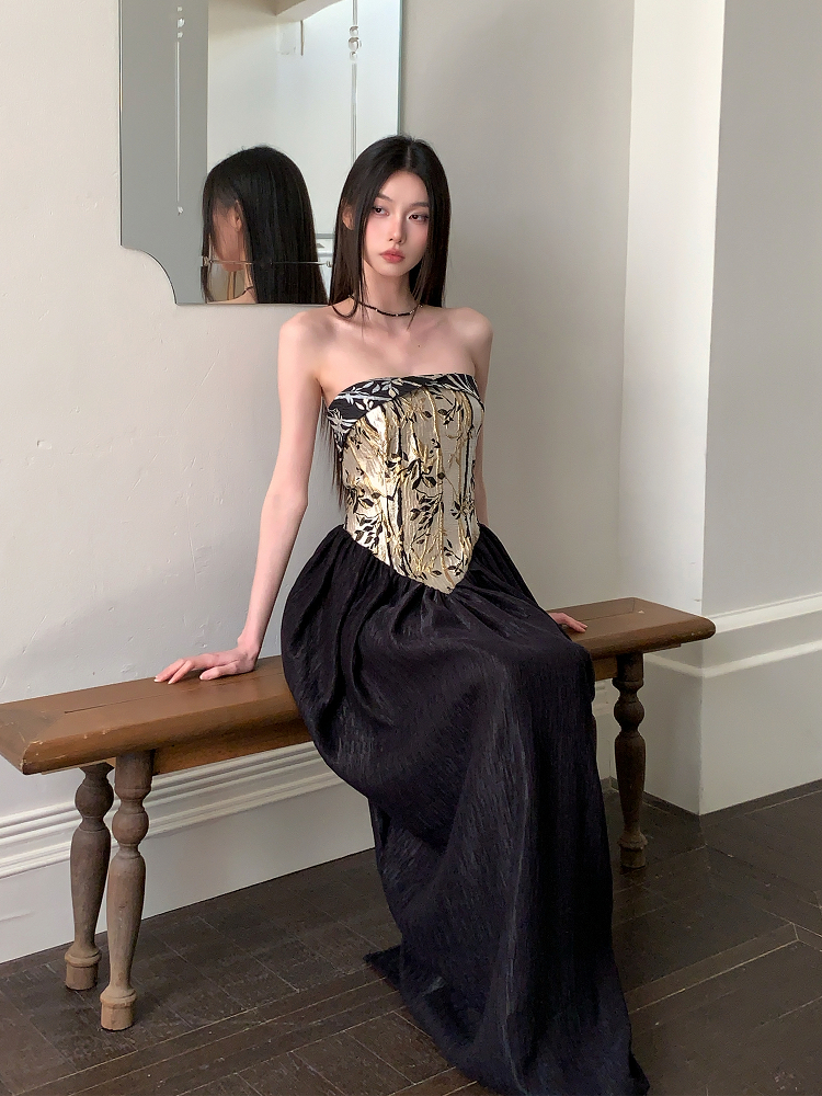 Strapless Chinese Style Jacquard Dress with Bamboo Pattern, Color Block Splicing Vase Skirt, Spring Summer 2025 Fashion for Women Strapless Chinese Style Jacquard Dress with Bamboo Pattern, Color Block Splicing Vase Skirt, Spring Summer 2025 Fashion for Women