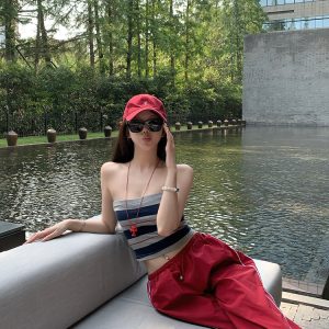 Strapless Color-Blocked Striped Knitted Crop Top - Summer Fashion Essential for Y2K and 90s Style Outer Wear