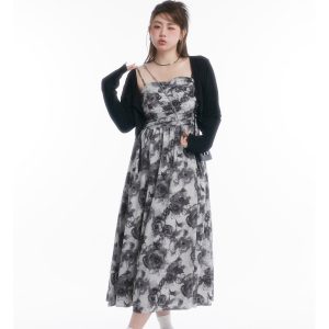 Strapless Mid-Summer Bloom Ink Wash Long Dress - Curvy Fit, Waist-Defining, Sexy Backless Style, Perfect for Summer Events