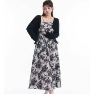 Strapless Mid-Summer Bloom Ink Wash Long Dress - Curvy Fit, Waist-Defining, Sexy Backless Style, Perfect for Summer Events
