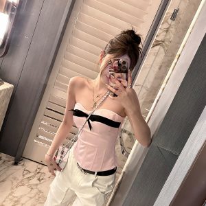 Strapless Pink Fishbone Bow Slim-Fit Waist-Cinching Top for Trendy Girls - Y2K Fashion Inspired Style
