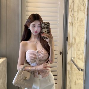 Strapless Slim Fit Lace Splicing Top with Built-in Chest Pad - Sexy Fragrant Style Vest for Y2K and 90s Fashion