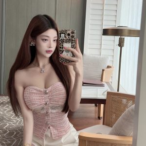 Strapless Slim Fit Lace Splicing Top with Built-in Chest Pad - Sexy Fragrant Style Vest for Y2K and 90s Fashion