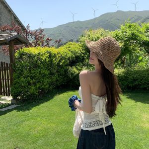 Strapless Summer White Lace Hollow Jacquard Top – Y2K Inspired French Style Outerwear with Gardenia Design