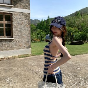 Striped Backless Halter Summer Vest Top in Ice Silk - Slim Fit Sea Salt Cool Breeze Style for Trendy Summer Looks