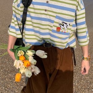 Striped Cow Embroidery Polo T-Shirt for Men and Women, Summer Loose Fit Short Sleeve Top, Vintage Style