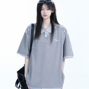 Striped Henry Collar Short Sleeve T-Shirt for Women - Unique Fake Two-Piece Design, Loose Fit, Trendy Casual Style