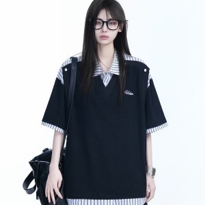 Striped Henry Collar Short Sleeve T-Shirt for Women - Unique Fake Two-Piece Design, Loose Fit, Trendy Casual Style