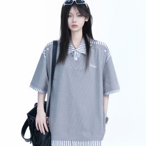 Striped Henry Collar Short Sleeve T-Shirt for Women - Unique Fake Two-Piece Design, Loose Fit, Trendy Casual Style