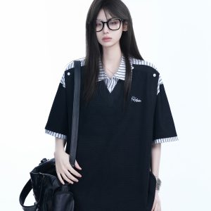 Striped Henry Collar Short Sleeve T-Shirt for Women - Unique Fake Two-Piece Design, Loose Fit, Trendy Casual Style