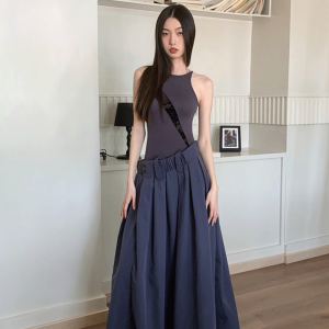 Striped High-Low Fake Two-Piece Dress - Slimming Waist Summer Vest for Women - Trendy Y2K Style