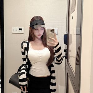 Striped Knitted Sun Protection Cardigan with Lace Design and Heavy Work – Stylish Summer Layering Essential