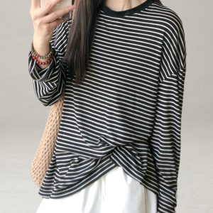 Striped Long-Sleeve Lightweight T-Shirt for Women - Summer Style, Loose-Fitting, Breathable Base Layer, Versatile Casual Top
