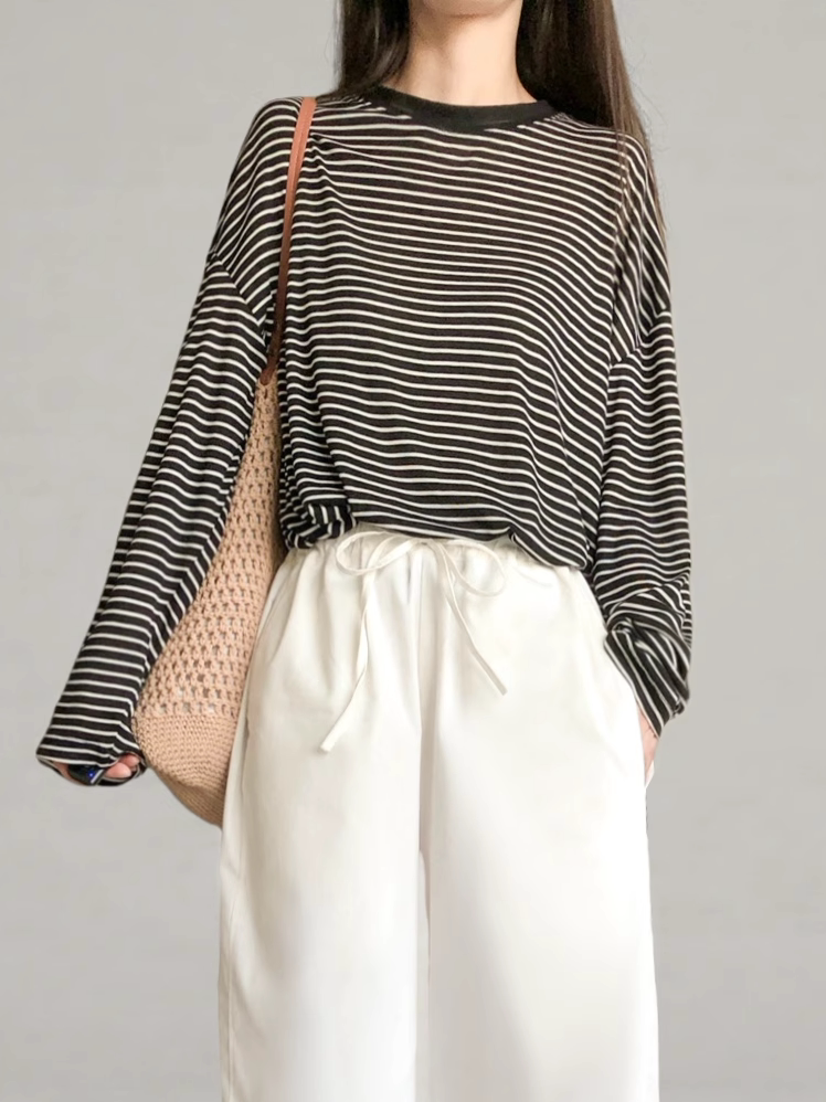 Striped Long-Sleeve Lightweight T-Shirt for Women - Summer Style, Loose-Fitting, Breathable Base Layer, Versatile Casual Top Striped Long-Sleeve Lightweight T-Shirt for Women - Summer Style, Loose-Fitting, Breathable Base Layer, Versatile Casual Top
